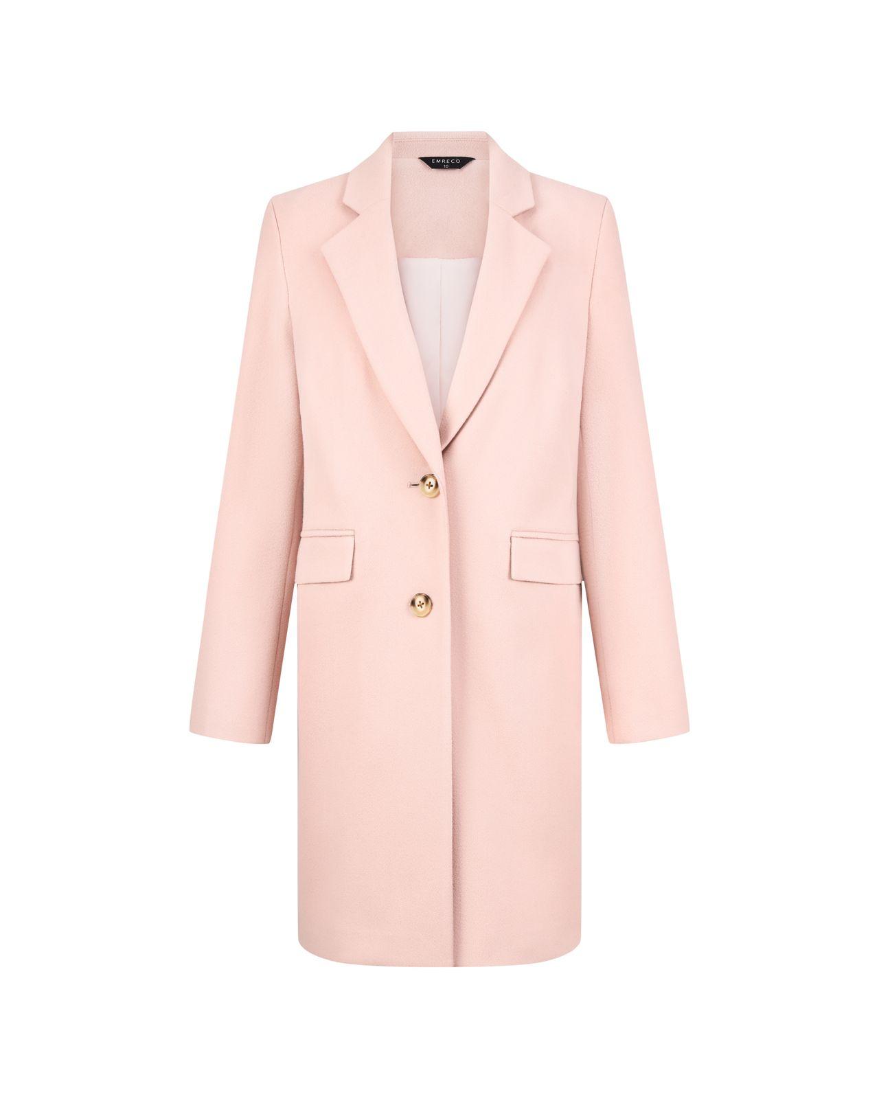 a pink coat with a gold button on the lapel