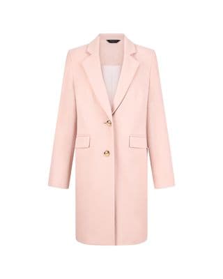 a pink coat with a gold button on the lapel