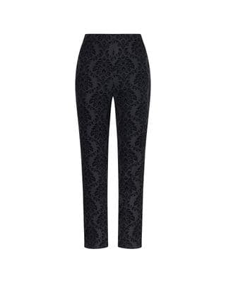 a women's black pants with a floral pattern