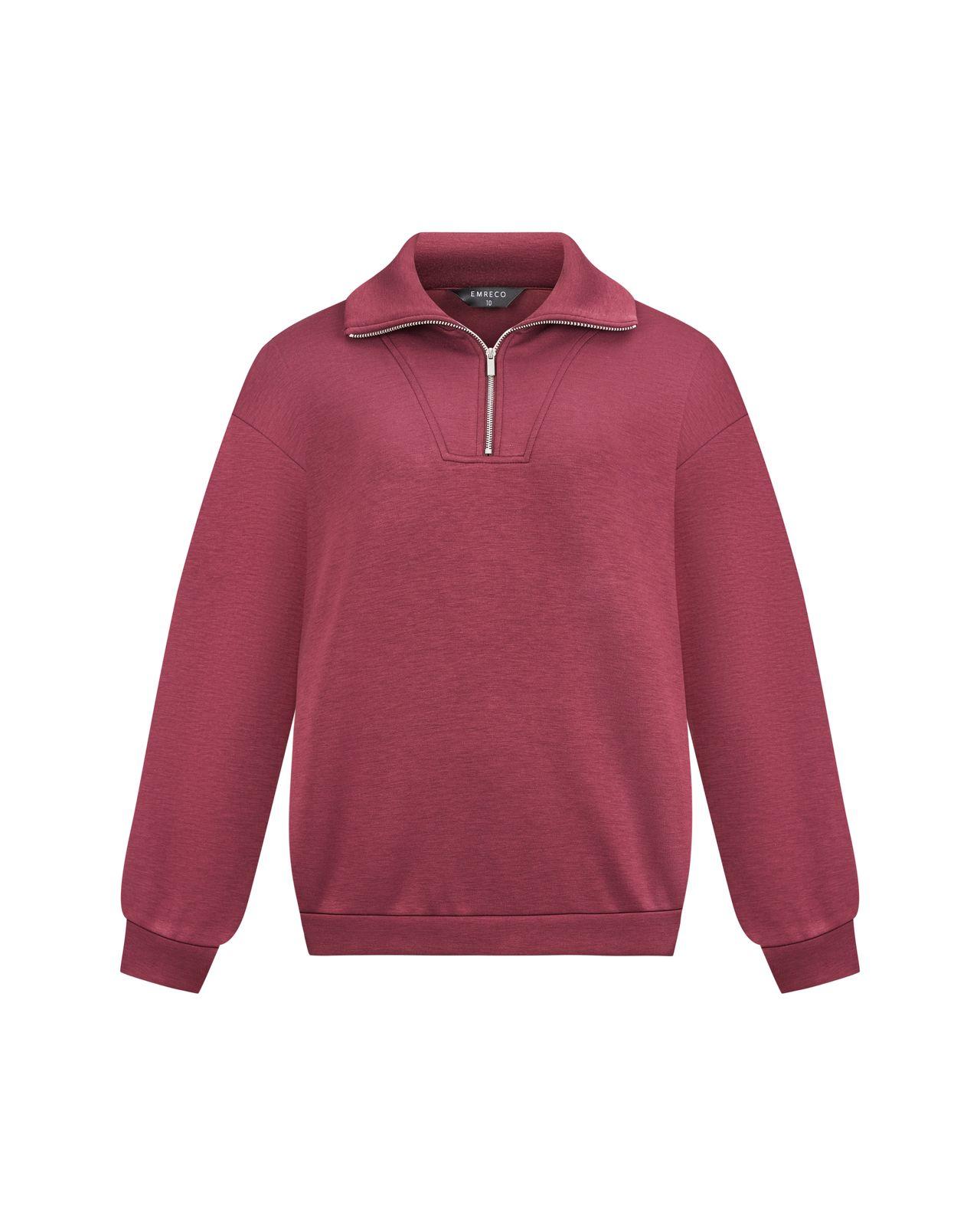a red sweatshirt with a zipper on the chest