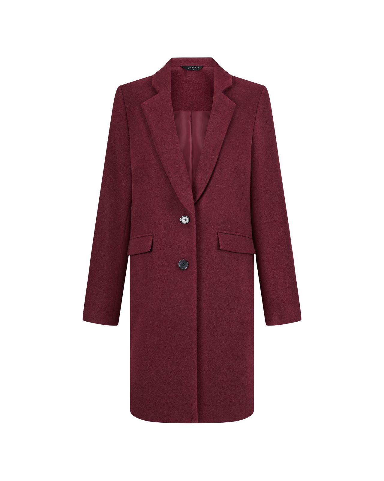 a red coat with a black button on the lapel