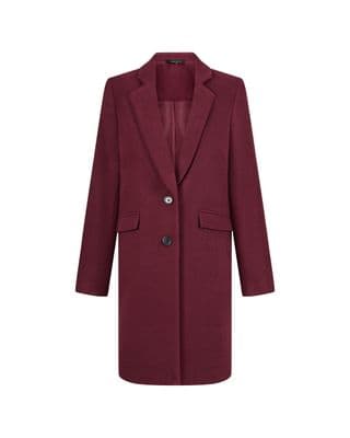 a red coat with a black button on the lapel