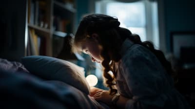 a young girl sitting on a bed reading a book