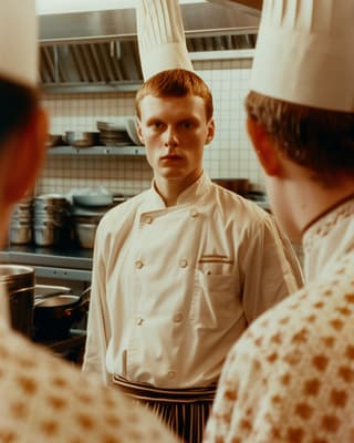 a man in a chef's hat standing in a kitchen