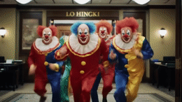 a group of clowns walking down a hallway