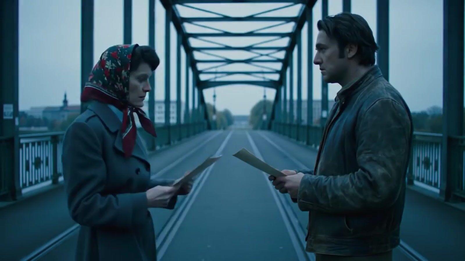 a man and a woman standing on a bridge