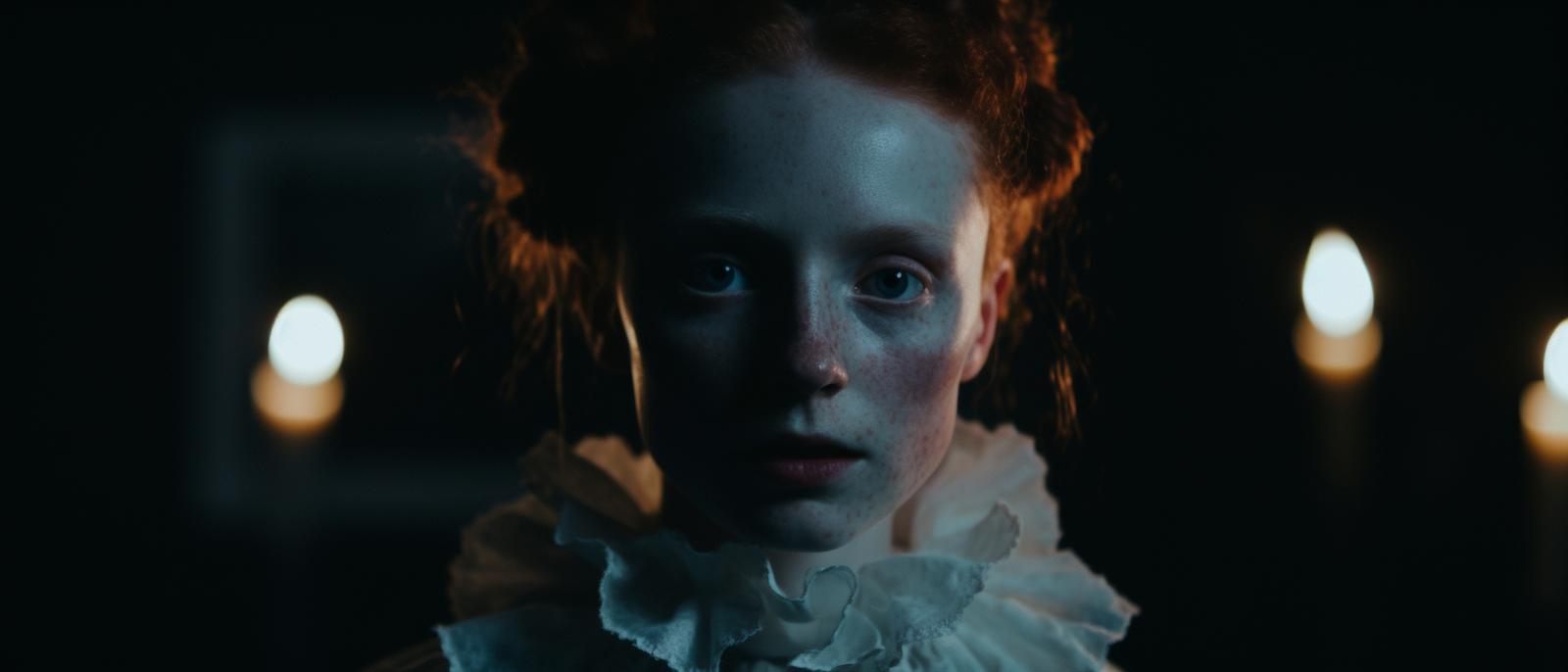 a woman with red hair wearing a white dress