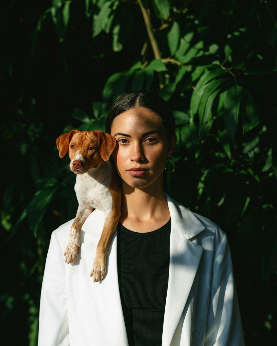a woman in a white jacket holding a brown and white dog
