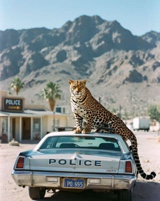 a leopard sitting on top of a police car