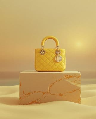 a yellow purse sitting on top of a white block