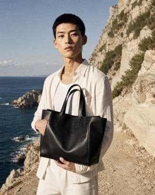 a man holding a black leather bag by the ocean