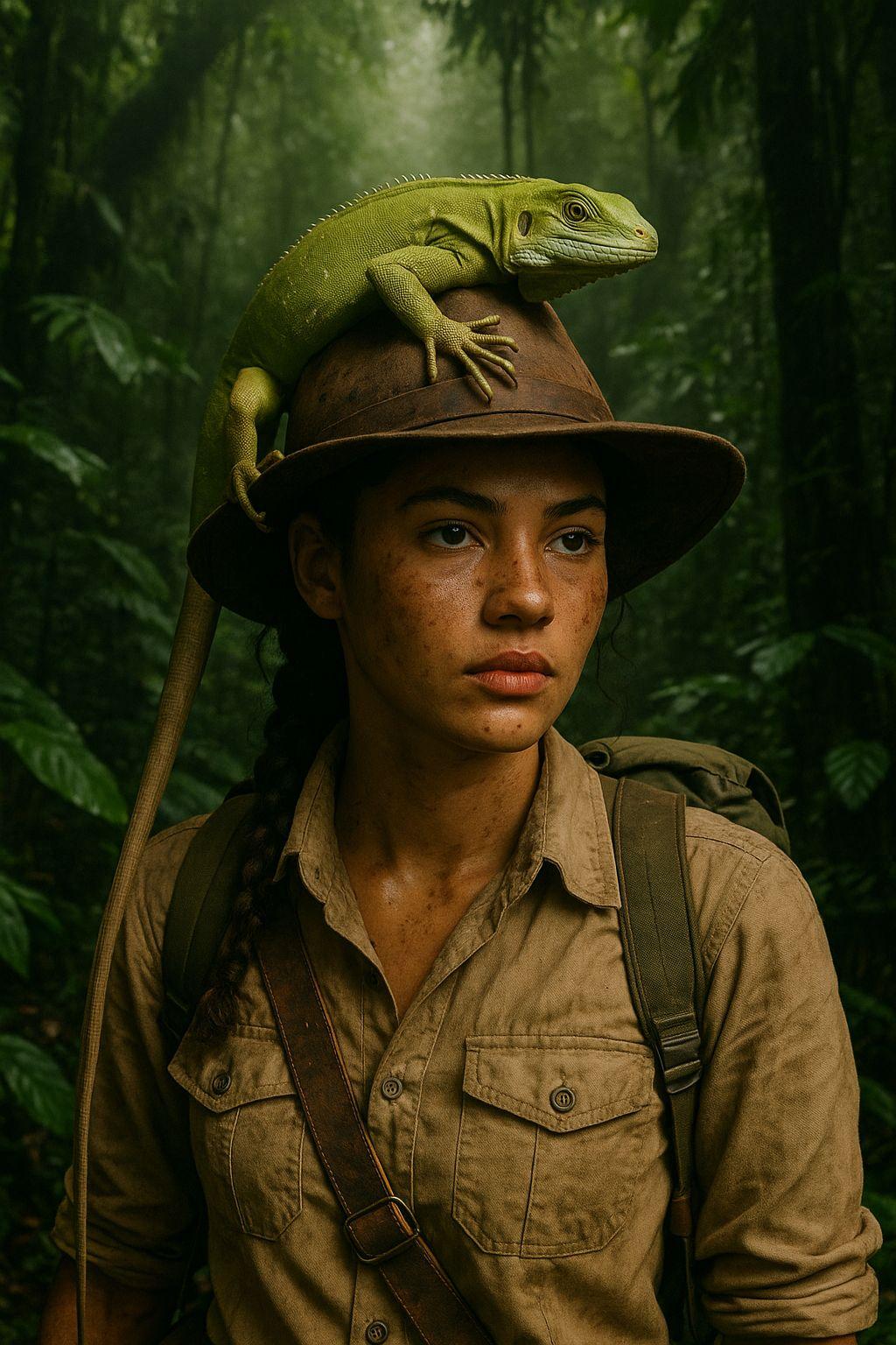 a woman in a hat with a lizard on her head