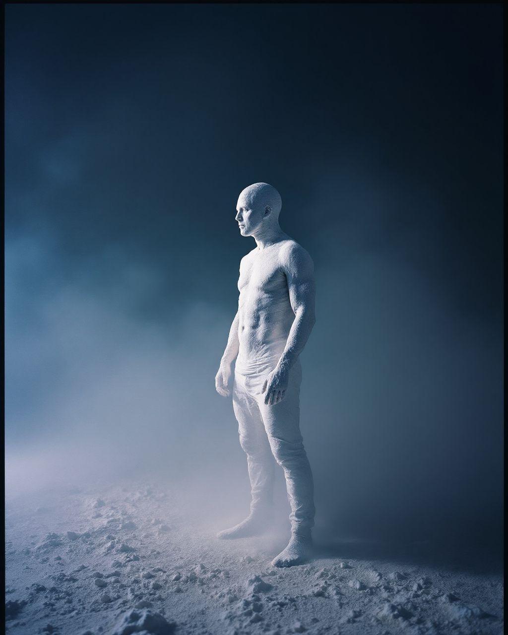 a white mannequin standing in the snow