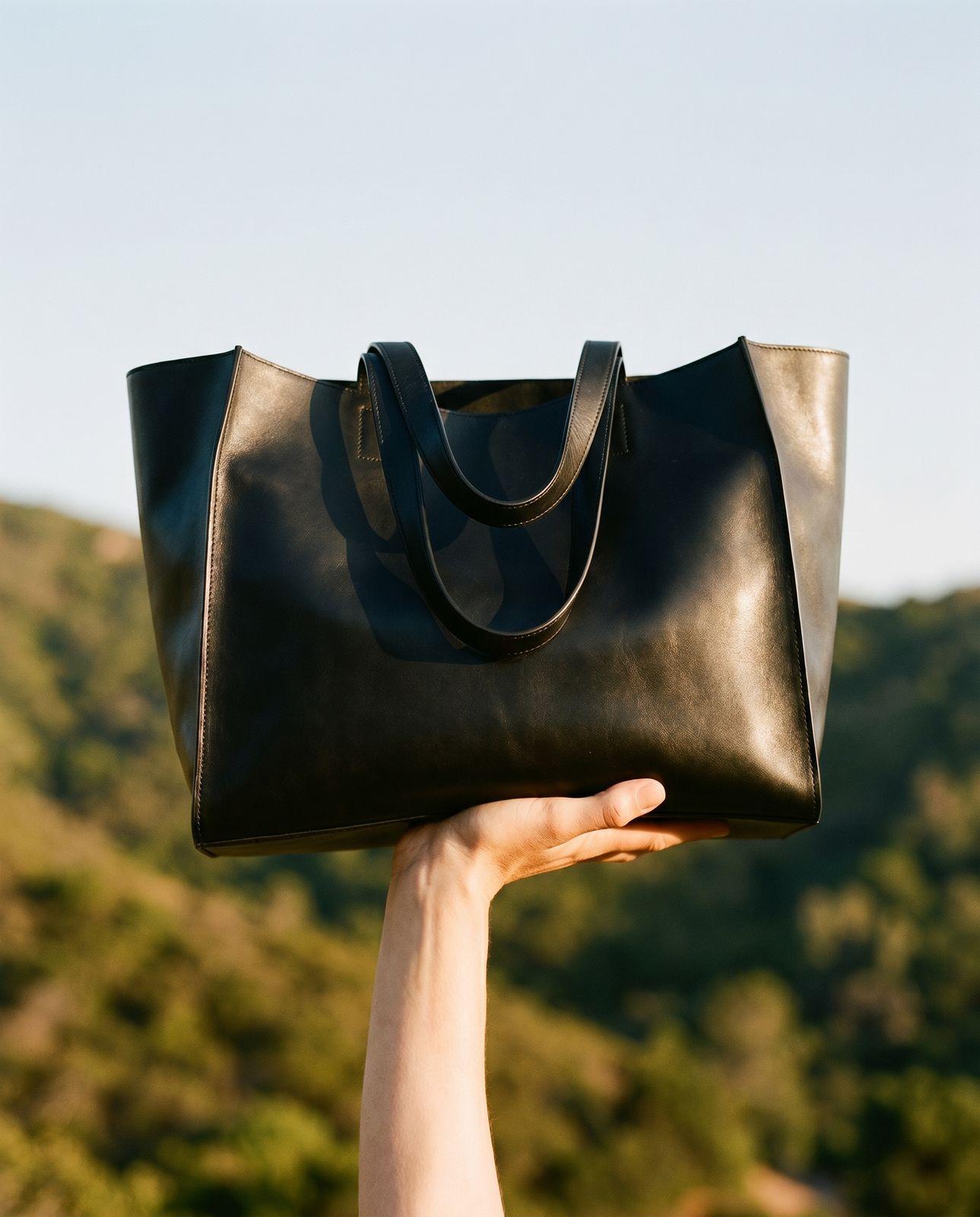 a hand holding a black leather bag in front of a mountain