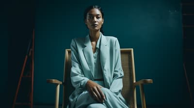 a woman sitting in a chair in a room