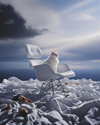 a white cat sitting on top of a white chair