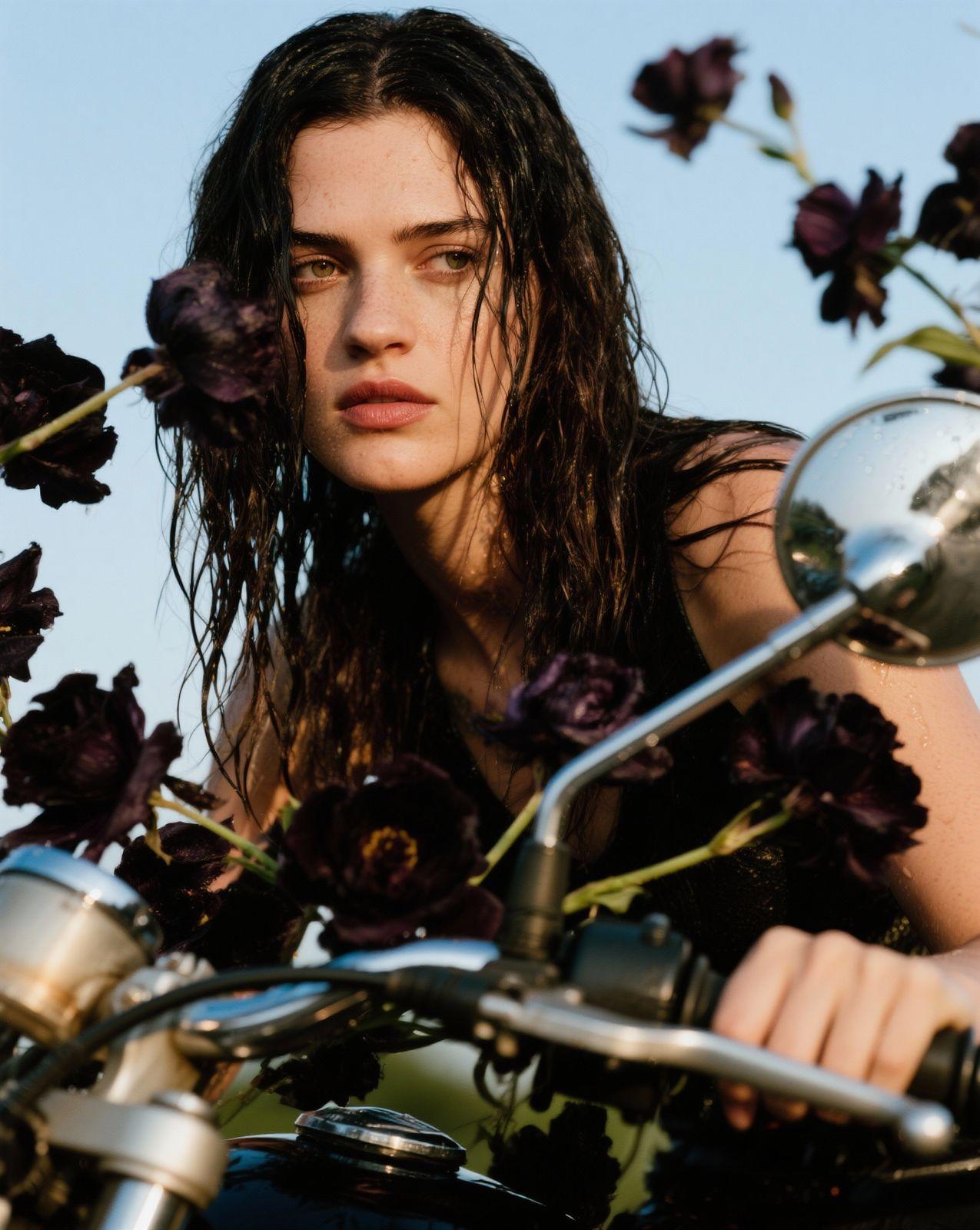 a woman with long hair sitting on a motorcycle