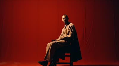 a man sitting on a chair in front of a red wall