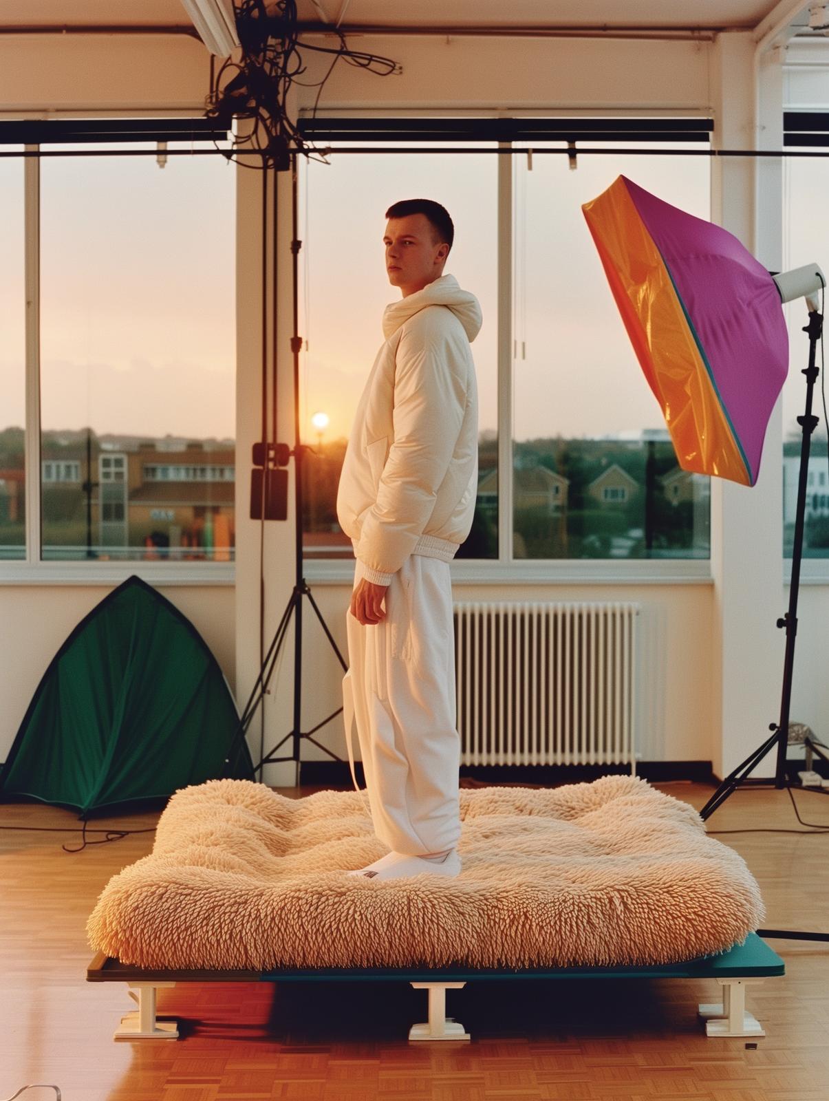 a man in a white outfit standing on a platform with an umbrella