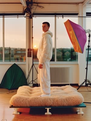 a man in a white outfit standing on a platform with an umbrella