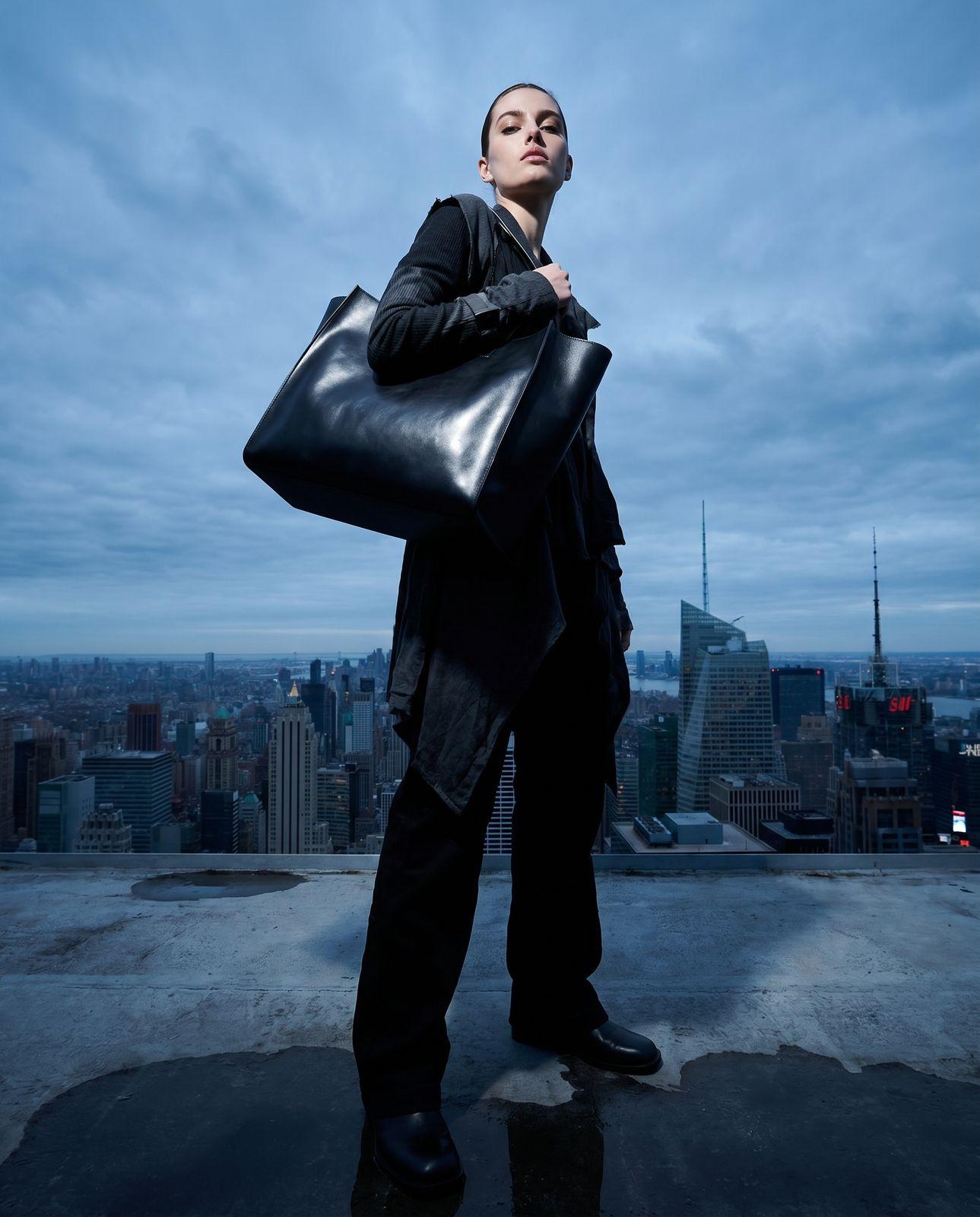 a woman holding a large black bag on top of a building