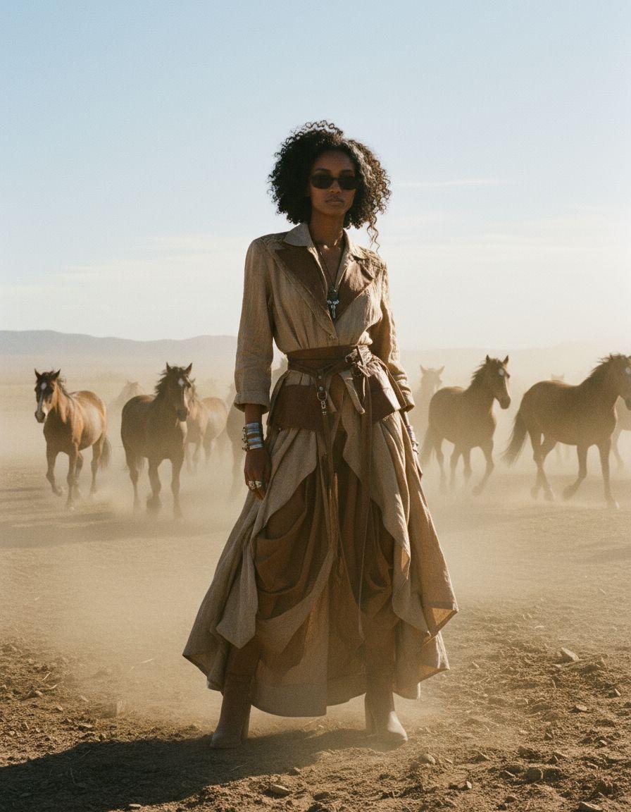 a woman in a dress standing in front of a herd of horses