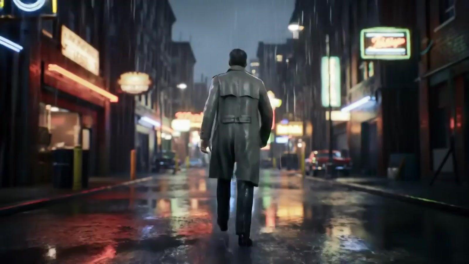 a man in a trench coat walking down a street at night