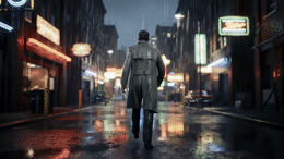 a man in a trench coat walking down a street at night