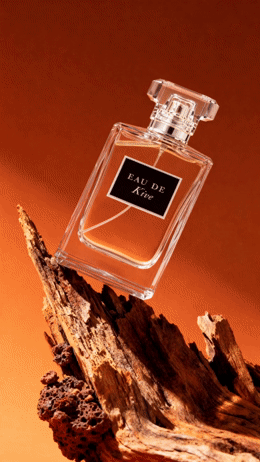 a bottle of perfume sitting on top of a piece of wood