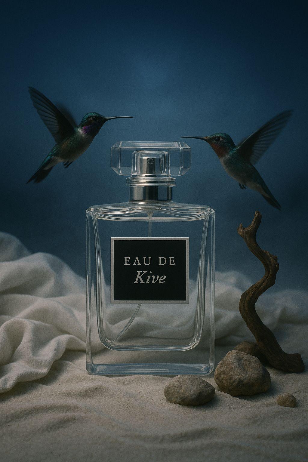 a bottle of perfume sitting on top of a bed