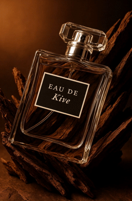 a bottle of perfume sitting on top of a pile of wood