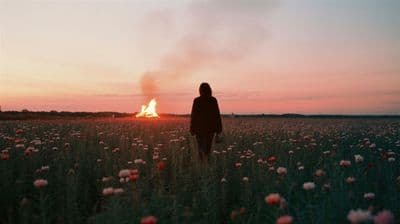 a person standing in a field with a fire in the background