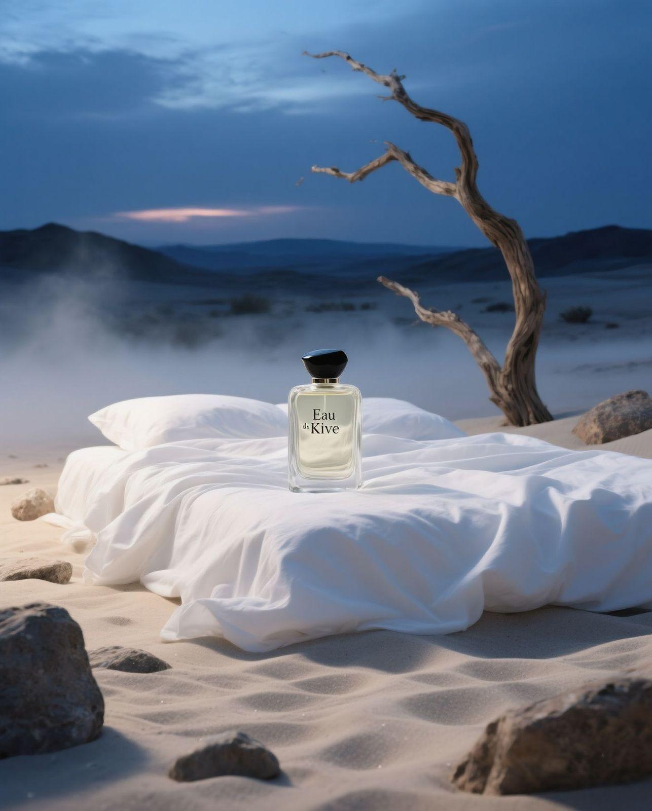 a bottle of perfume sitting on top of a bed
