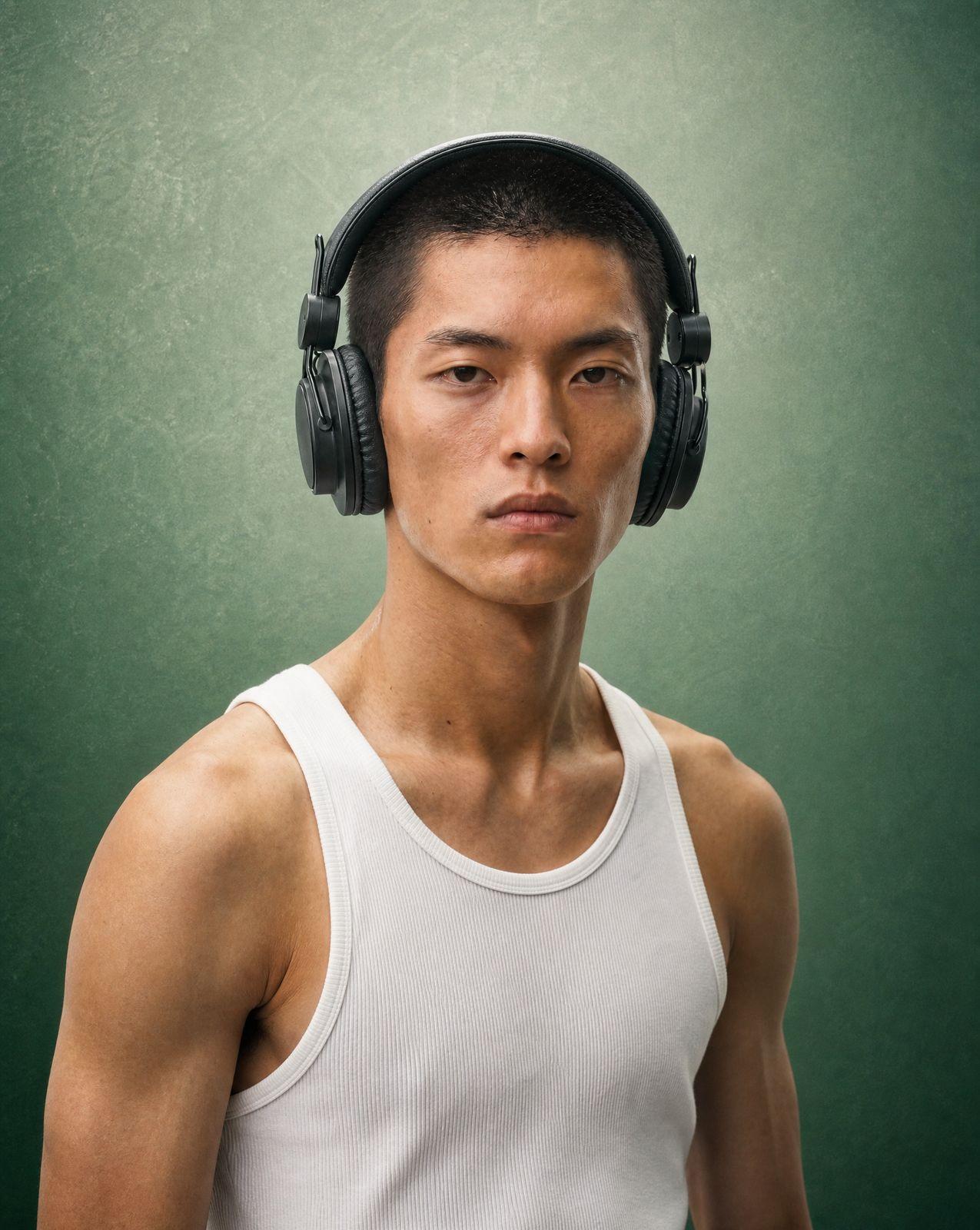 a young man wearing headphones and a tank top