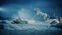 a white horse standing on top of a bed covered in blankets