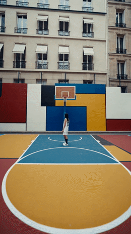 a person standing on a basketball court in front of a building