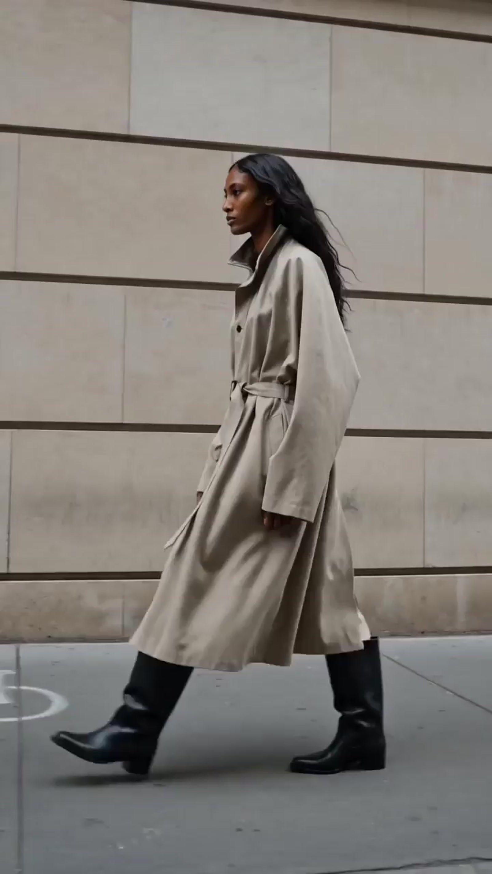 a woman walking down the street in a trench coat