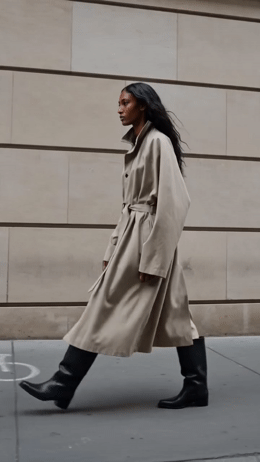 a woman walking down the street in a trench coat