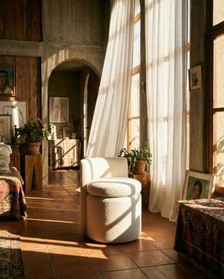 a living room with a chair and a window