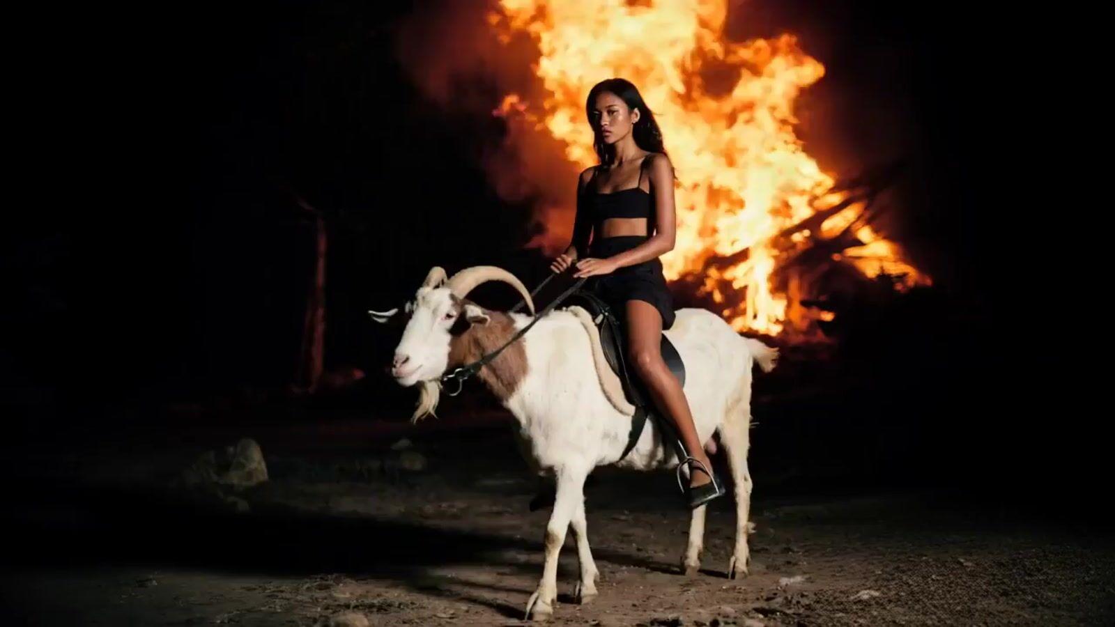 a woman riding on the back of a white goat
