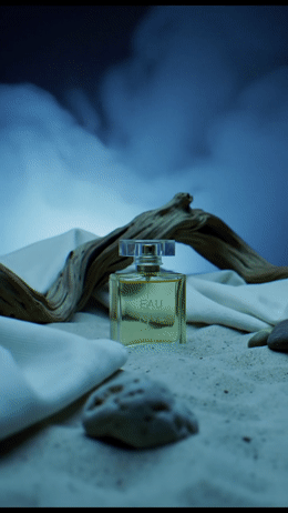 a bottle of perfume sitting on top of a bed