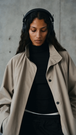 a woman wearing headphones and a trench coat