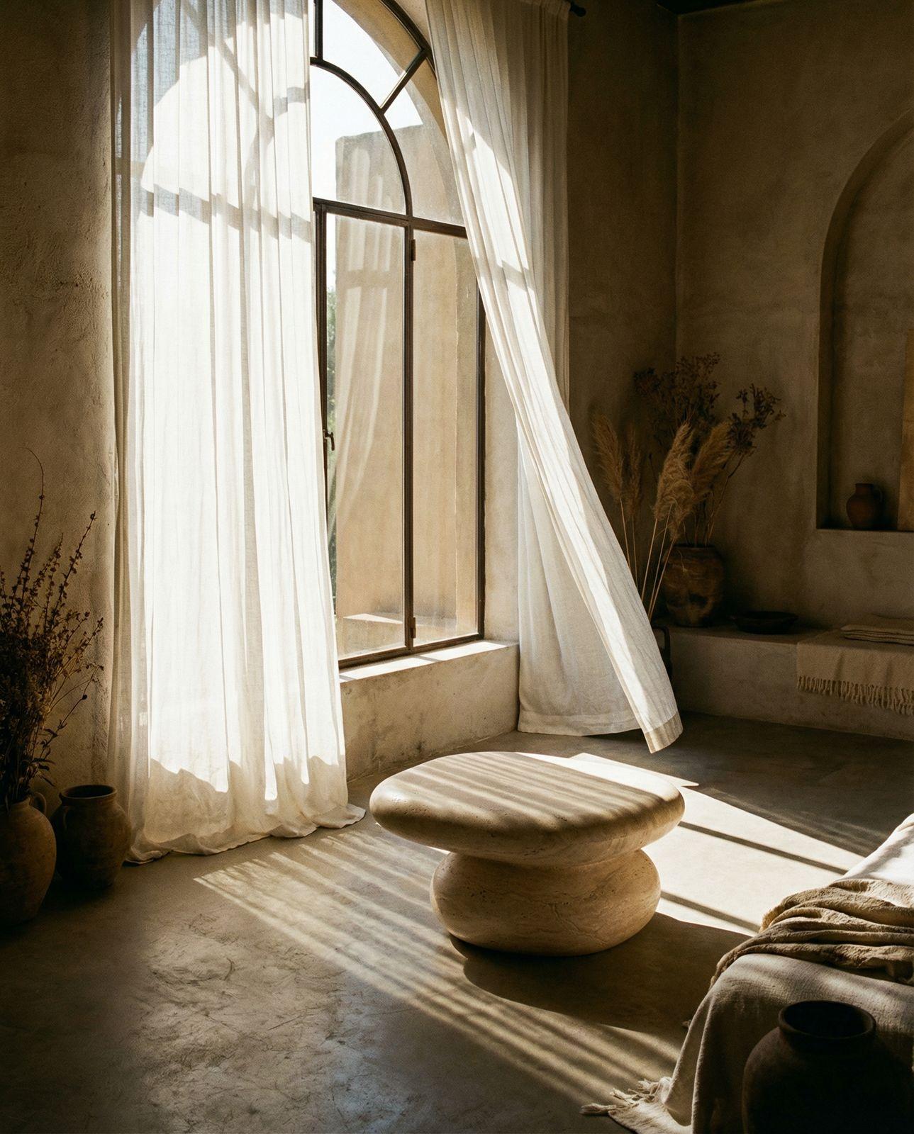 a room with a large window and a round stone table