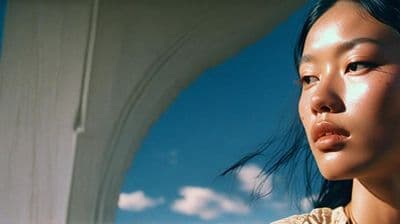 a woman standing in front of a white structure