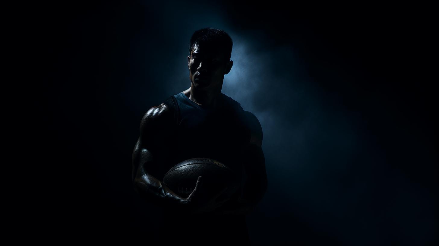 a man holding a basketball in the dark