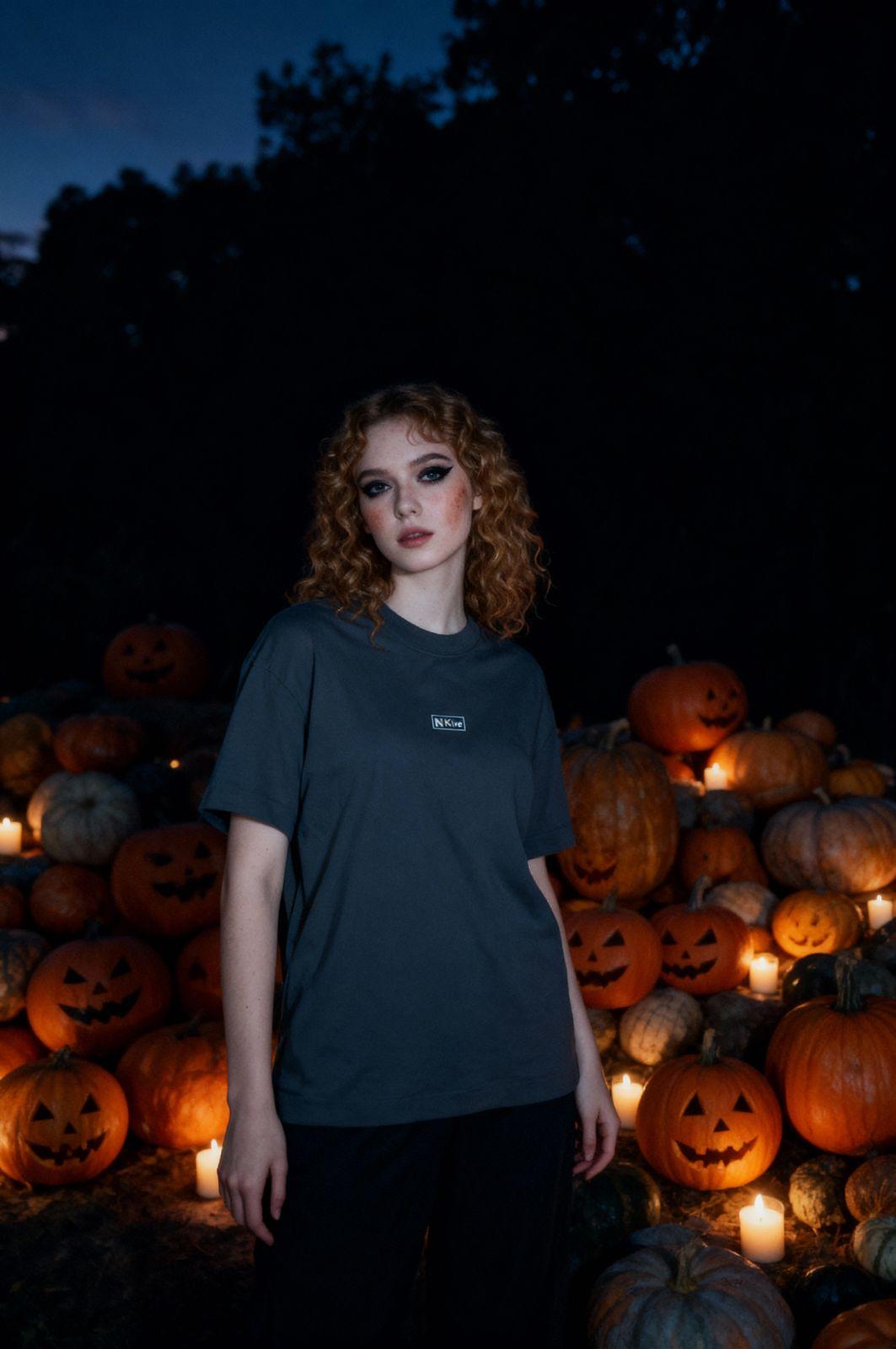 a woman standing in front of a pile of pumpkins