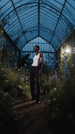 a woman in a white top and black pants standing in a greenhouse