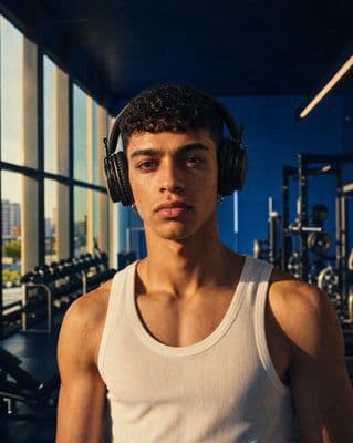 a young man wearing headphones in a gym