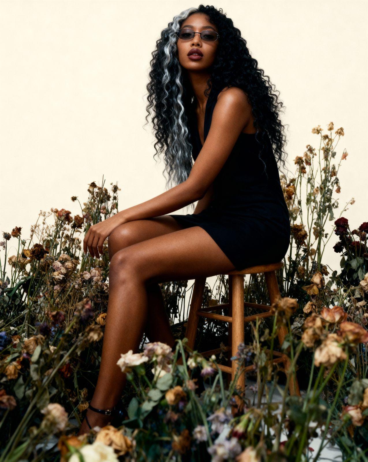 a woman sitting in a chair surrounded by flowers