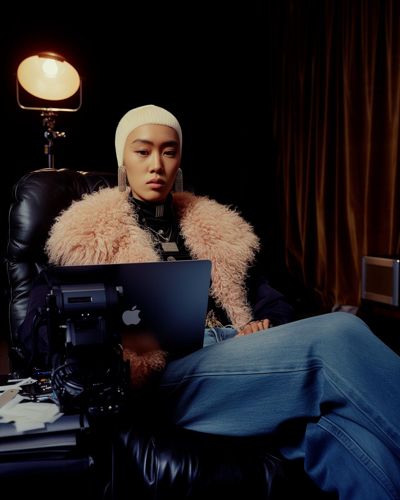 a woman sitting in a chair with a laptop